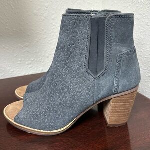TOMS Majorca peep-toe suede booties in gray with a perforated floral pattern